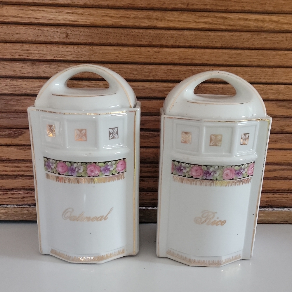 ANTIQUE VINTAGE VICTORIAN Floral  Ceramic Canisters OATMEAL RICE LIDS
